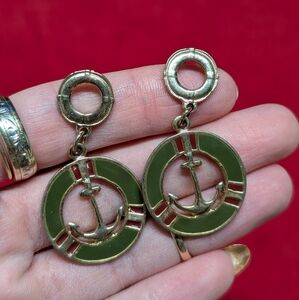 Gold and Green Anchor Drop Earrings Vintage Costume